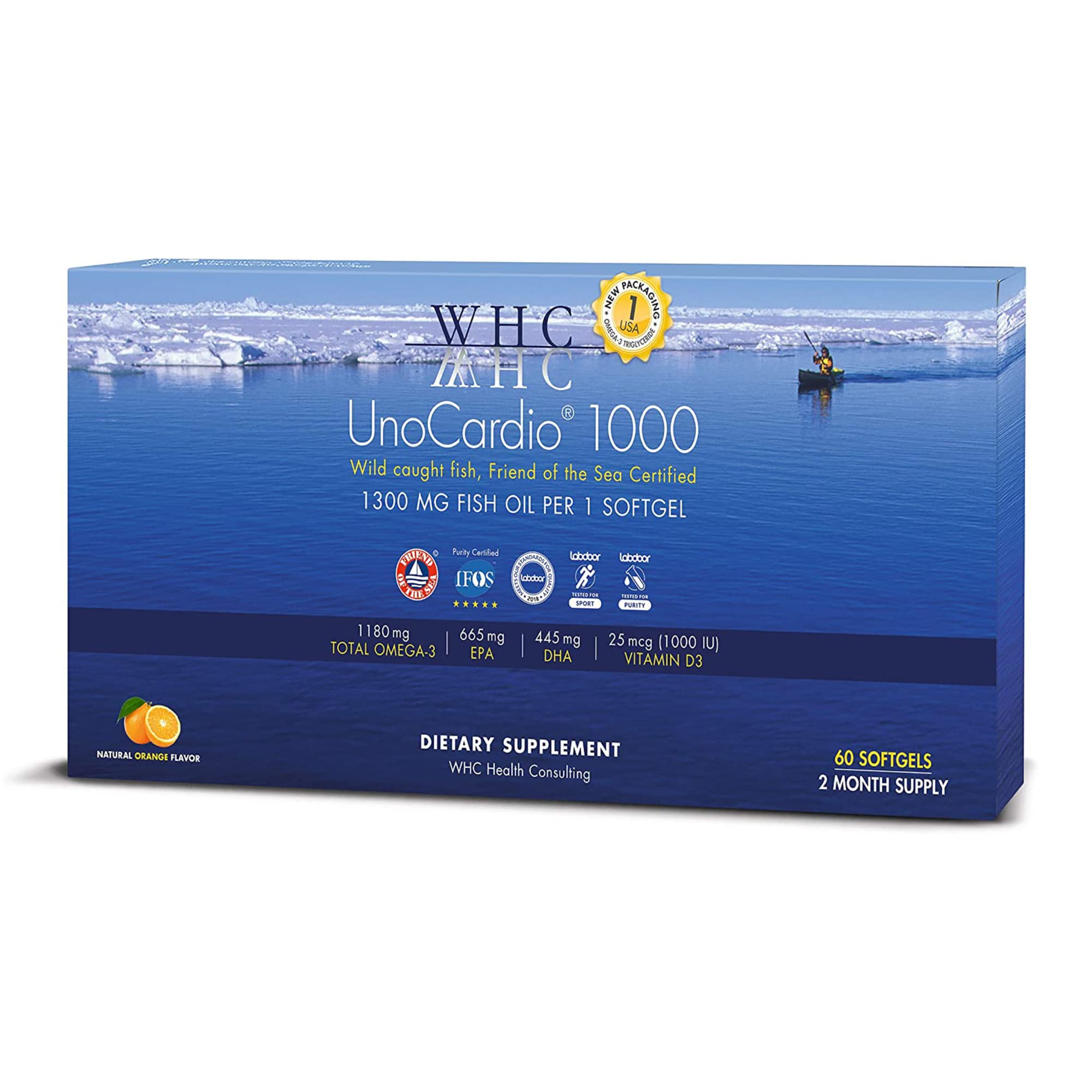 WHC UnoCardio 1000 fish oil bottle showing premium purity for daily omega-3 support