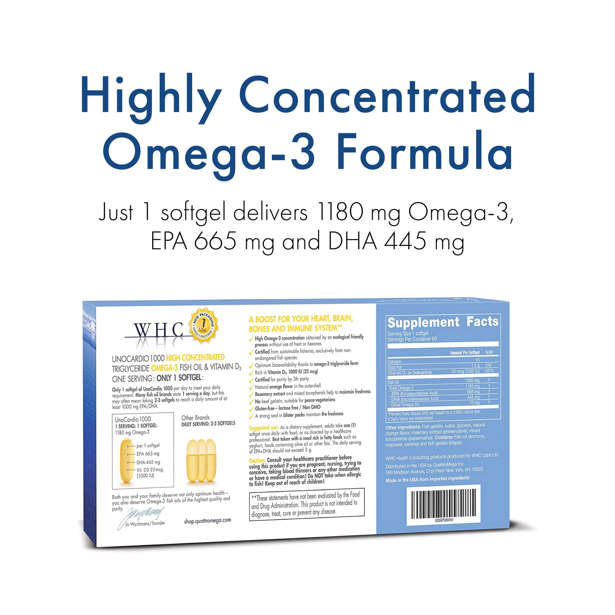 WHC UnoCardio 1000 softgels, easy-to-swallow burp-free omega-3 capsules