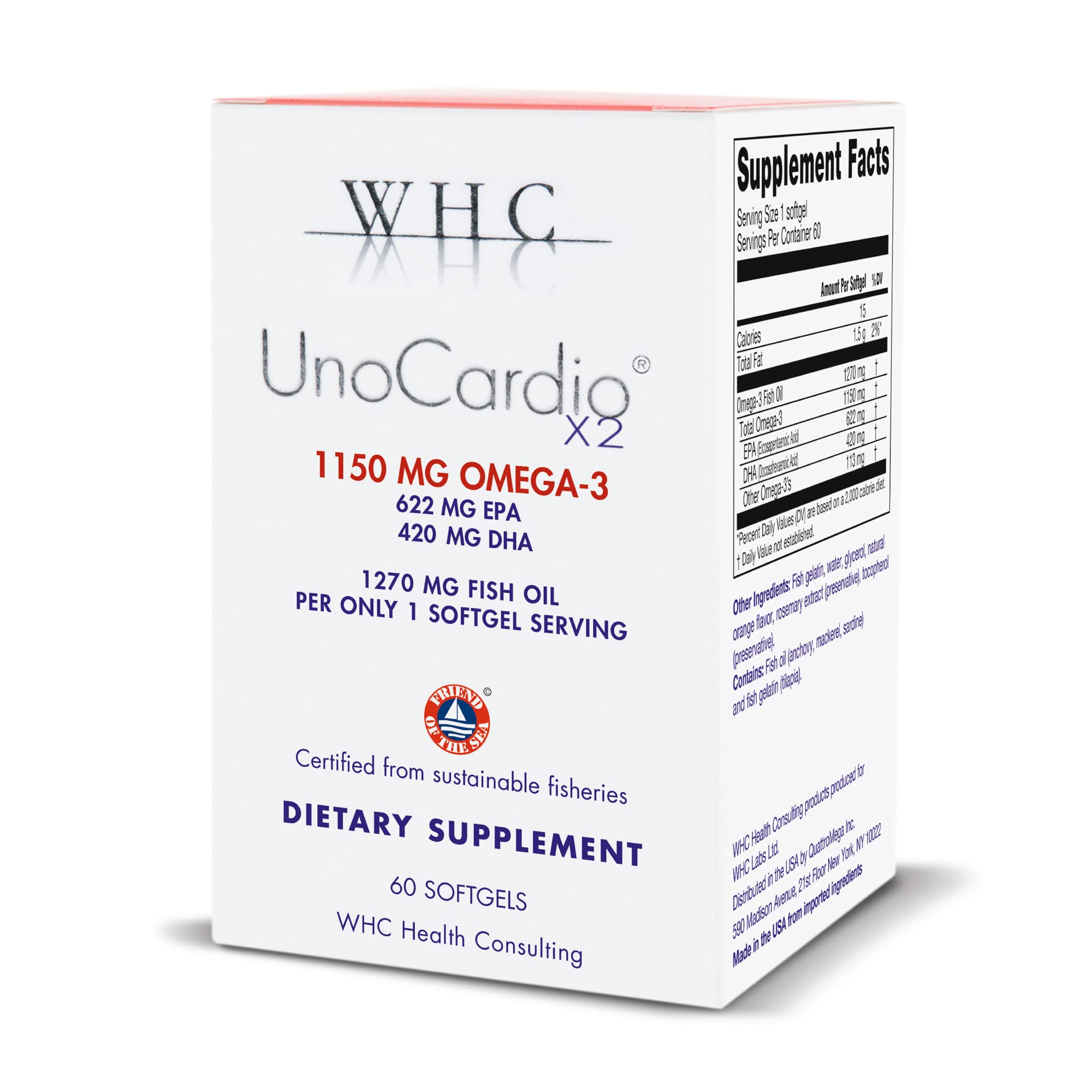 WHC UnoCardio X2 bottle front highlights high-purity omega-3 for daily heart support.