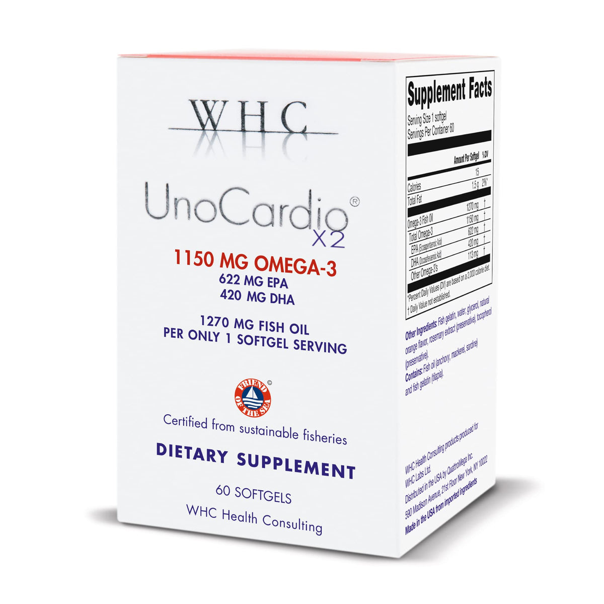 WHC UnoCardio X2 bottle front highlights high-purity omega-3 for daily heart support.