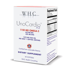 WHC UnoCardio X2 bottle front highlights high-purity omega-3 for daily heart support.
