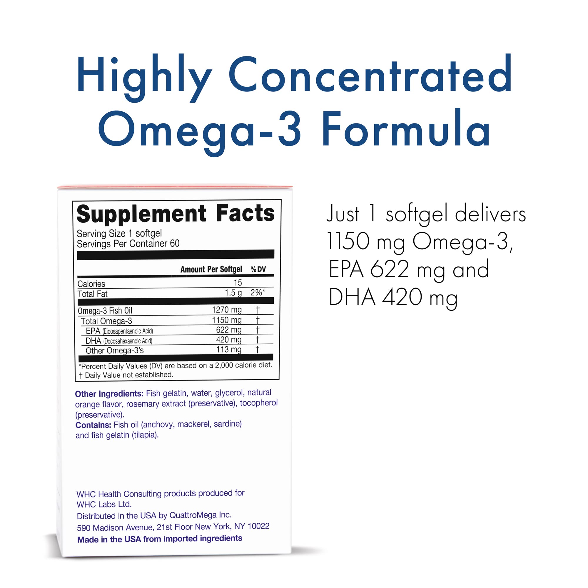 WHC UnoCardio X2 label closeup shows EPA and DHA levels powering wellness.