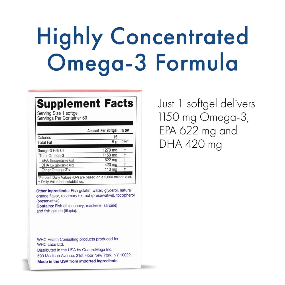 WHC UnoCardio X2 label closeup shows EPA and DHA levels powering wellness.