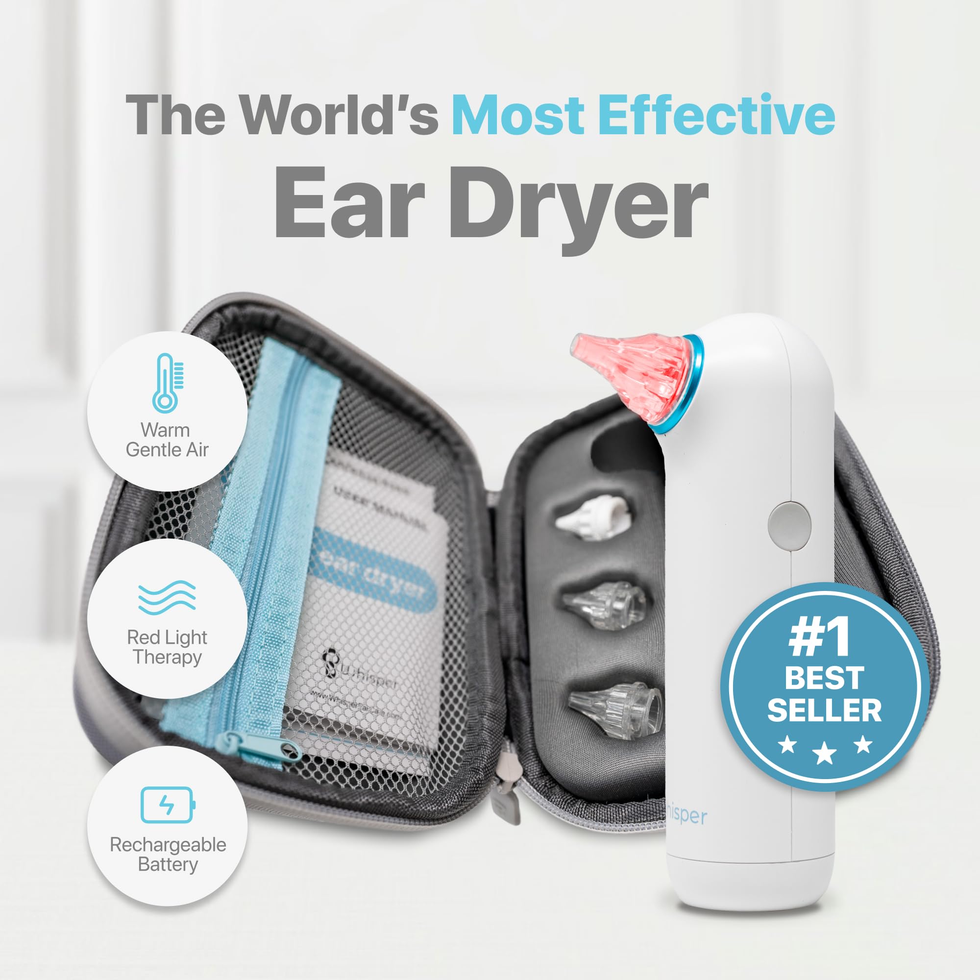 Whisper ear dryer case back view highlights protective design and storage