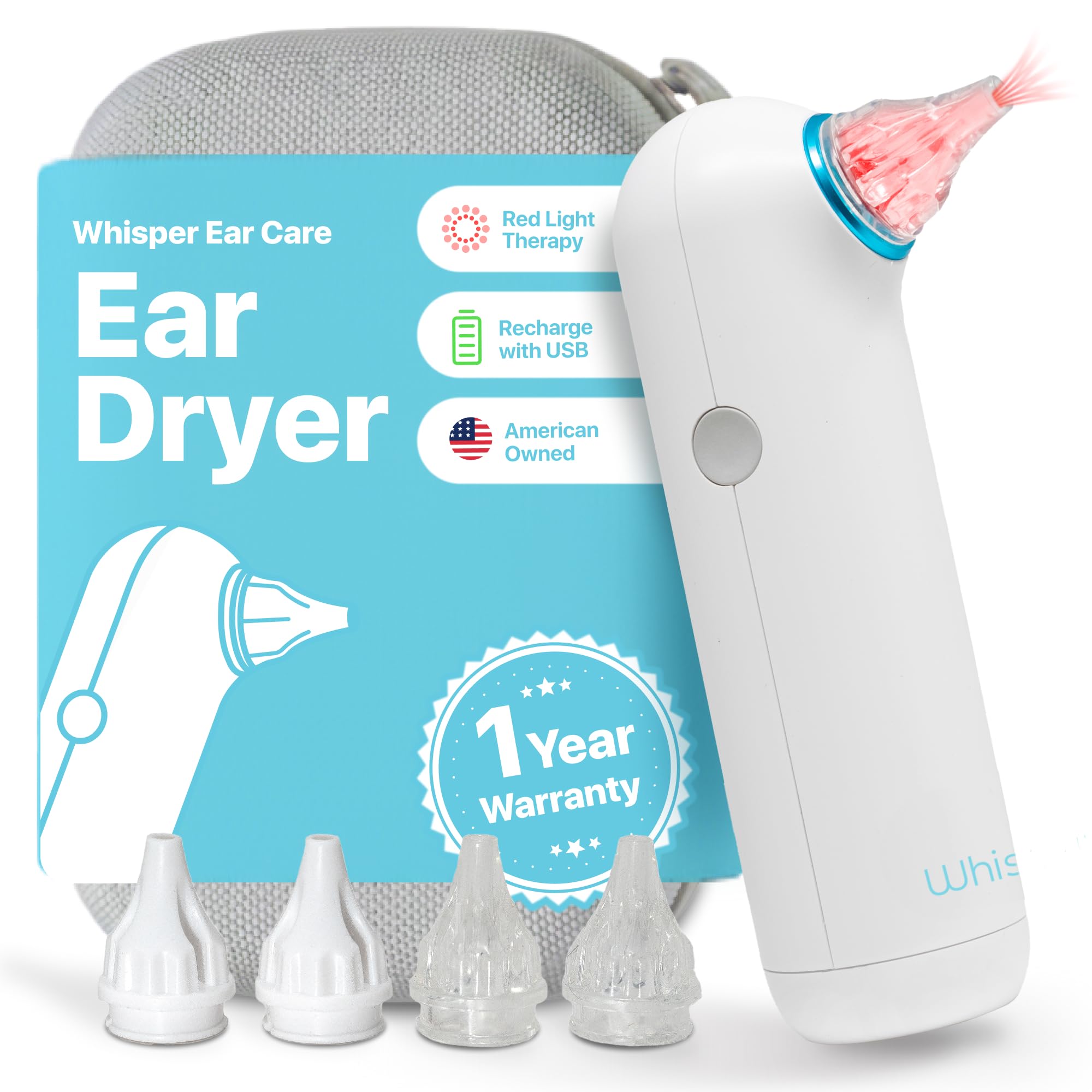 Whisper ear dryer case front view showing compact portability