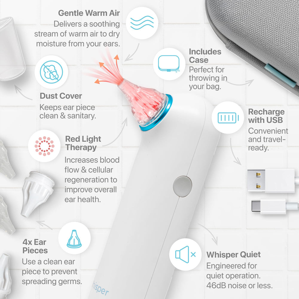 Whisper ear dryer held in hand demonstrating portable design
