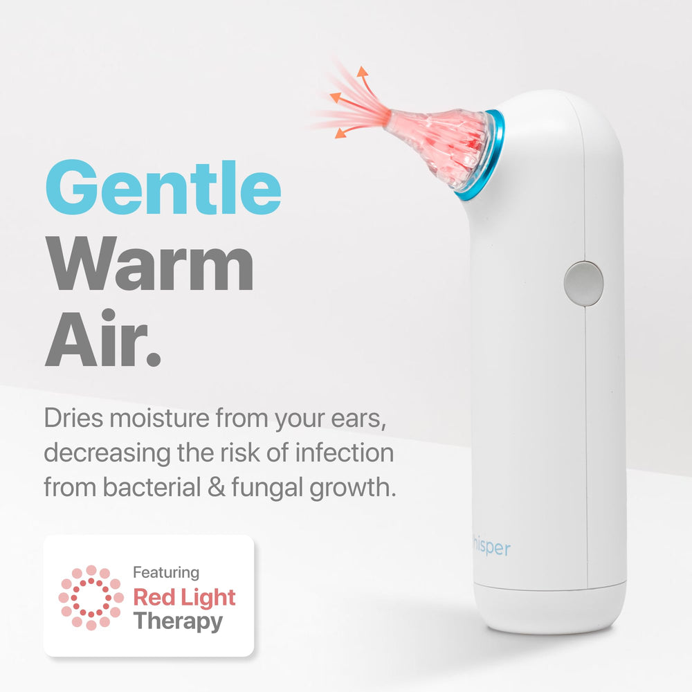 Whisper ear dryer red light therapy panel close-up highlighting skin support