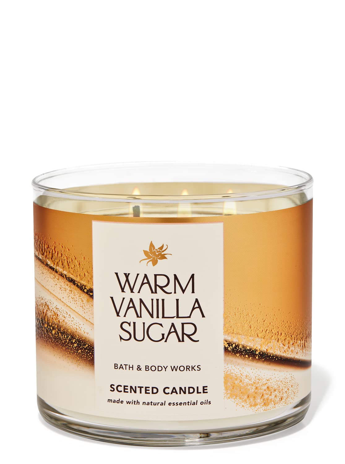 White Barn BBW candle label close-up, featuring vanilla and sandalwood fragrance.