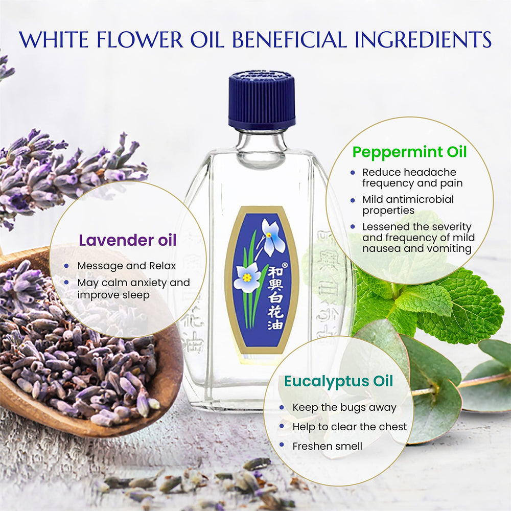 White Flower balm oil label closeup with authentic US import note