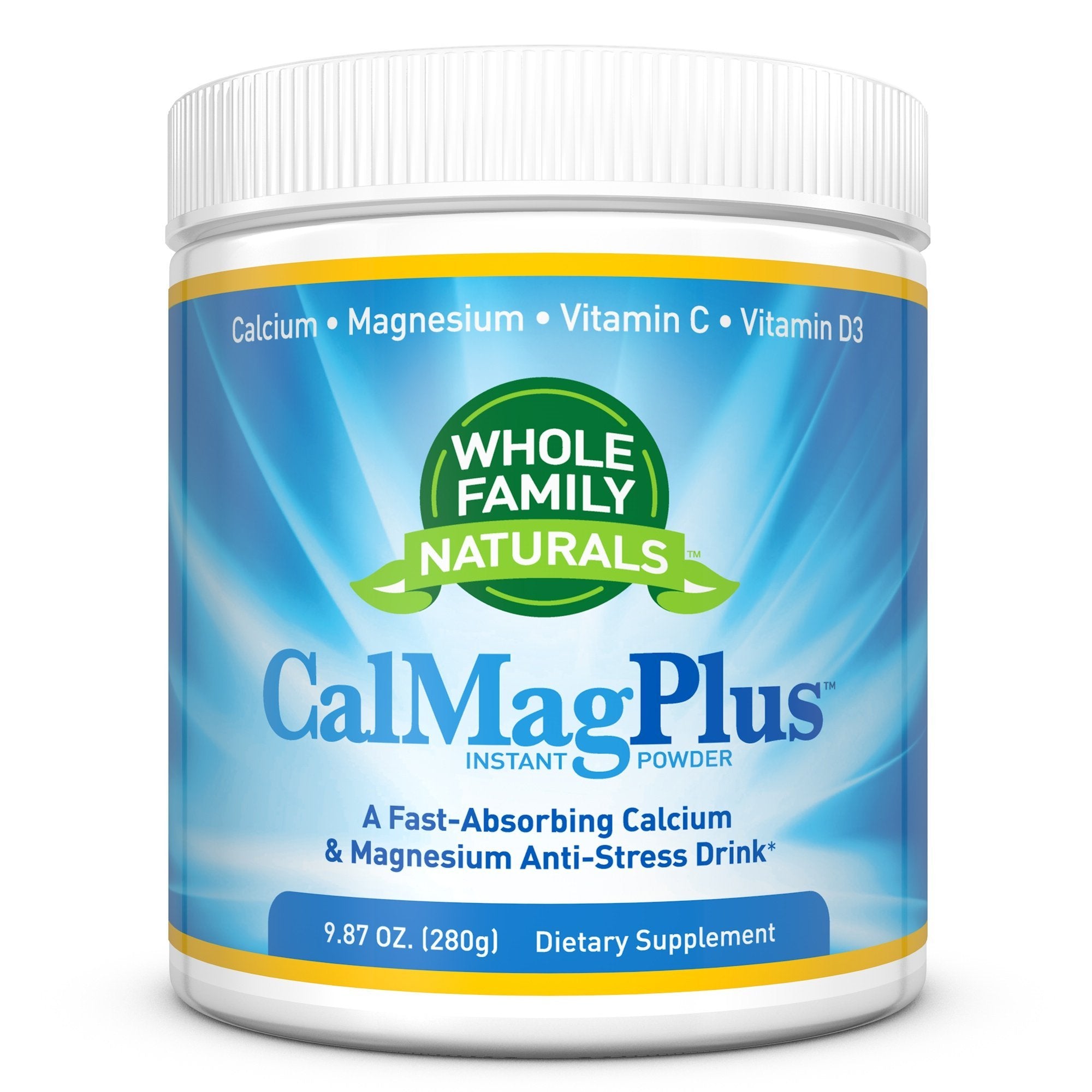 Whole Family Naturals CalMag Plus bottle front shows pure minerals for daily use.