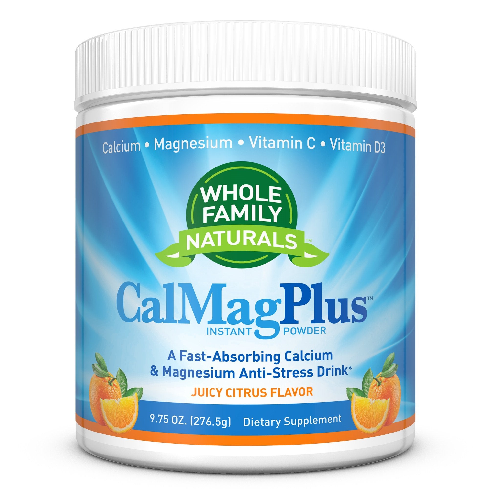 Whole Family Naturals CalMag Plus powder with scoop for balanced minerals and everyday wellness.
