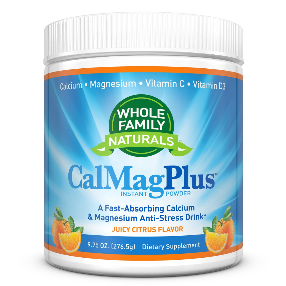Whole Family Naturals CalMag Plus powder with scoop for balanced minerals and everyday wellness.