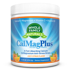 Whole Family Naturals CalMag Plus powder with scoop for balanced minerals and everyday wellness.
