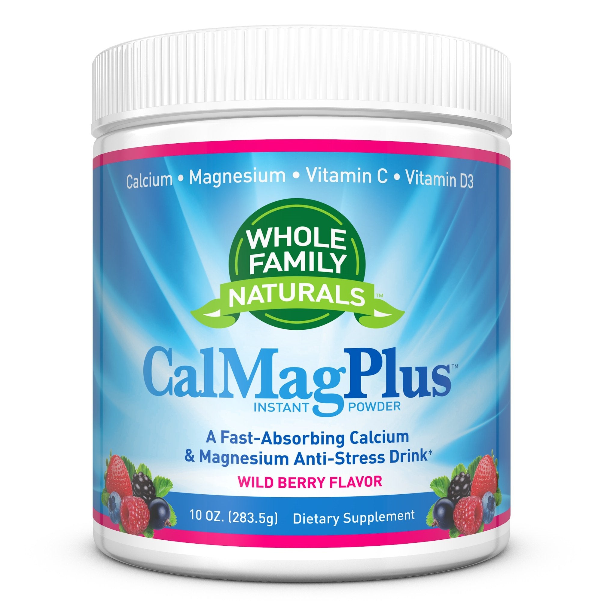Whole Family Naturals CalMag Plus bottle supports daily mineral balance with gluten-free, non-GMO formula.