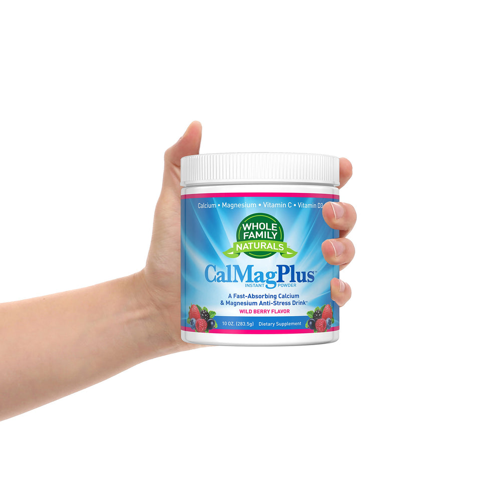 Whole Family Naturals CalMag Plus family-use supports daily mineral intake for the whole household.