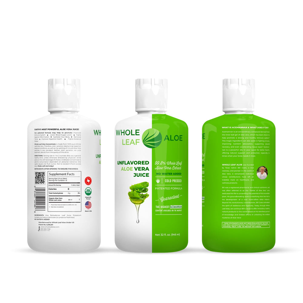 Whole Leaf Aloe Vera Juice label close-up showing organic quality