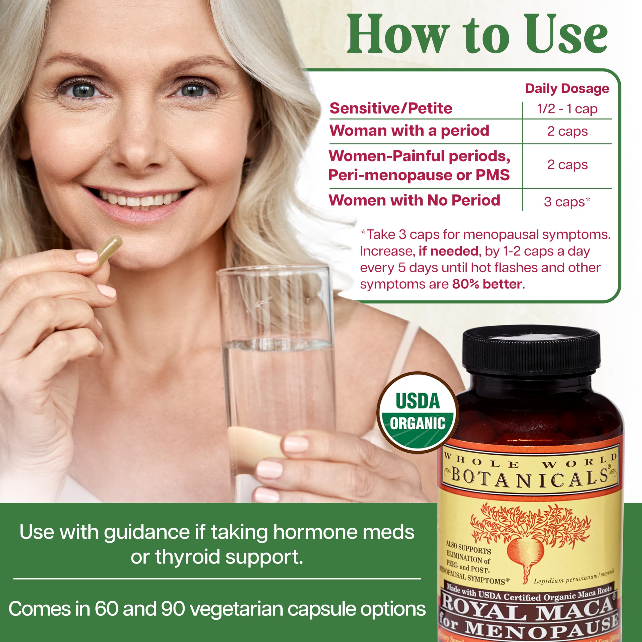 Whole World Botanicals Royal Maca bottle with glass of water for daily routine