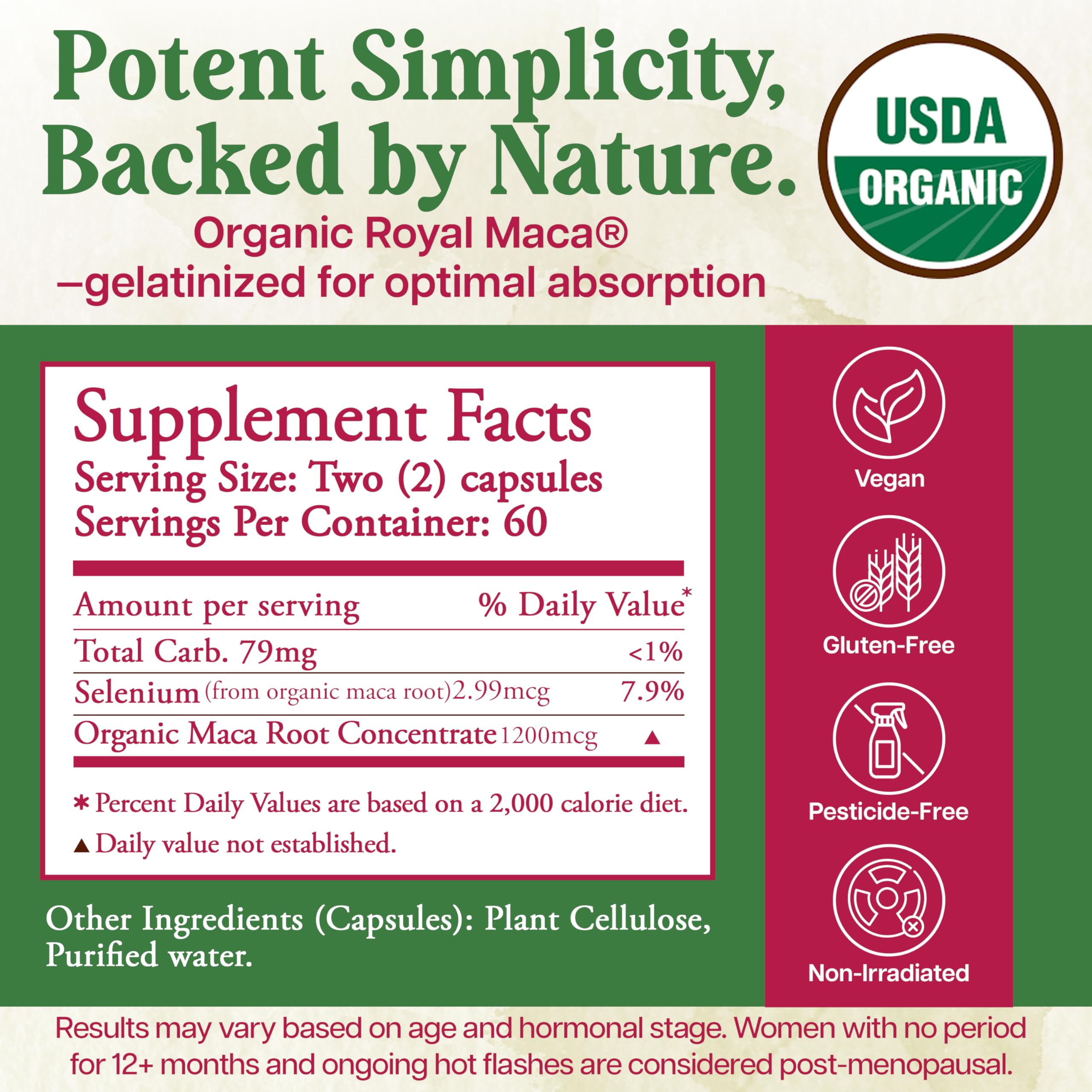 Whole World Botanicals Royal Maca bottle-front with label may support hormonal balance