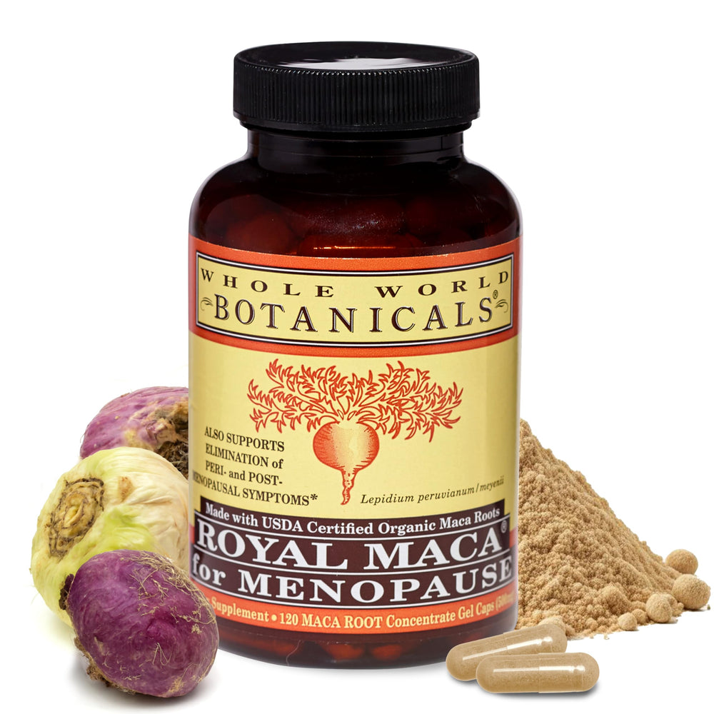 Royal Maca capsules closeup on white surface may provide moderate relief of menopausal symptoms