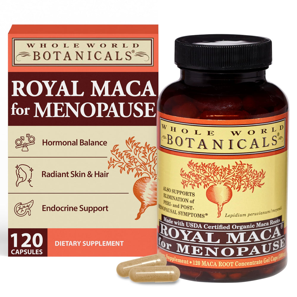 Whole World Botanicals Royal Maca menopause-tabs on white surface supporting reproductive function