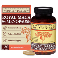 Whole World Botanicals Royal Maca menopause-tabs on white surface supporting reproductive function