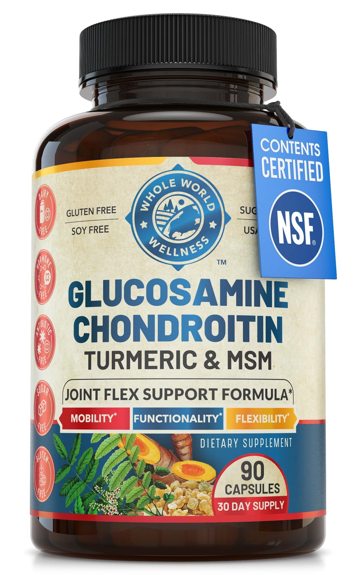 Whole World Wellness joint support bottle front showing label promoting mobility