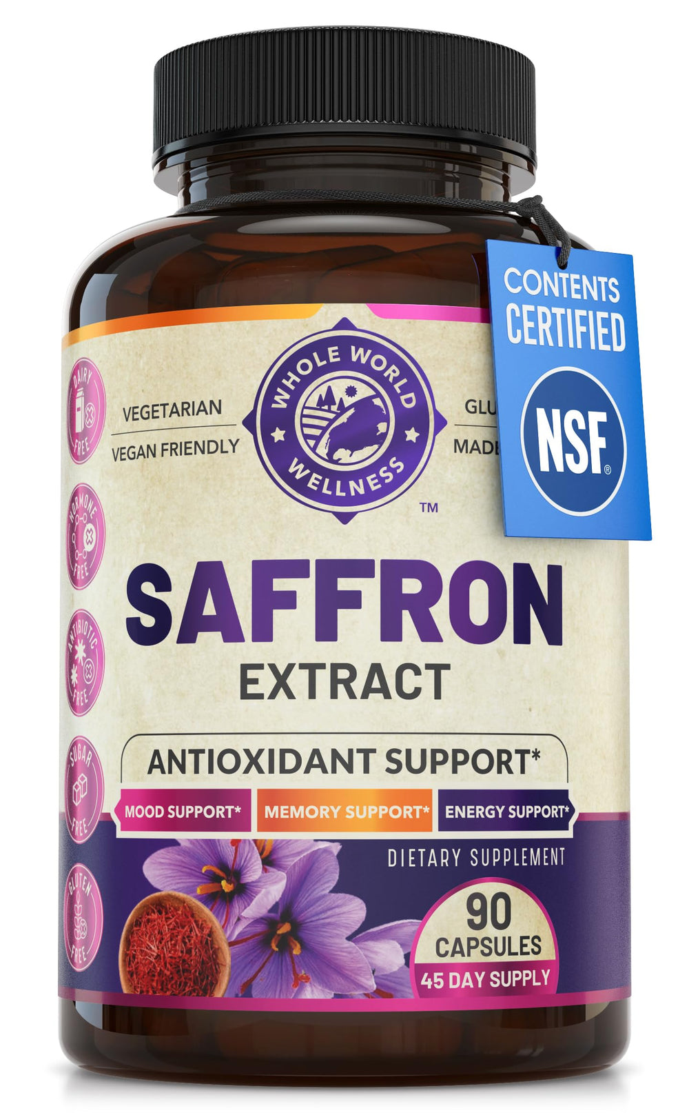 Whole World Wellness saffron extract bottle signals mood and focus support.