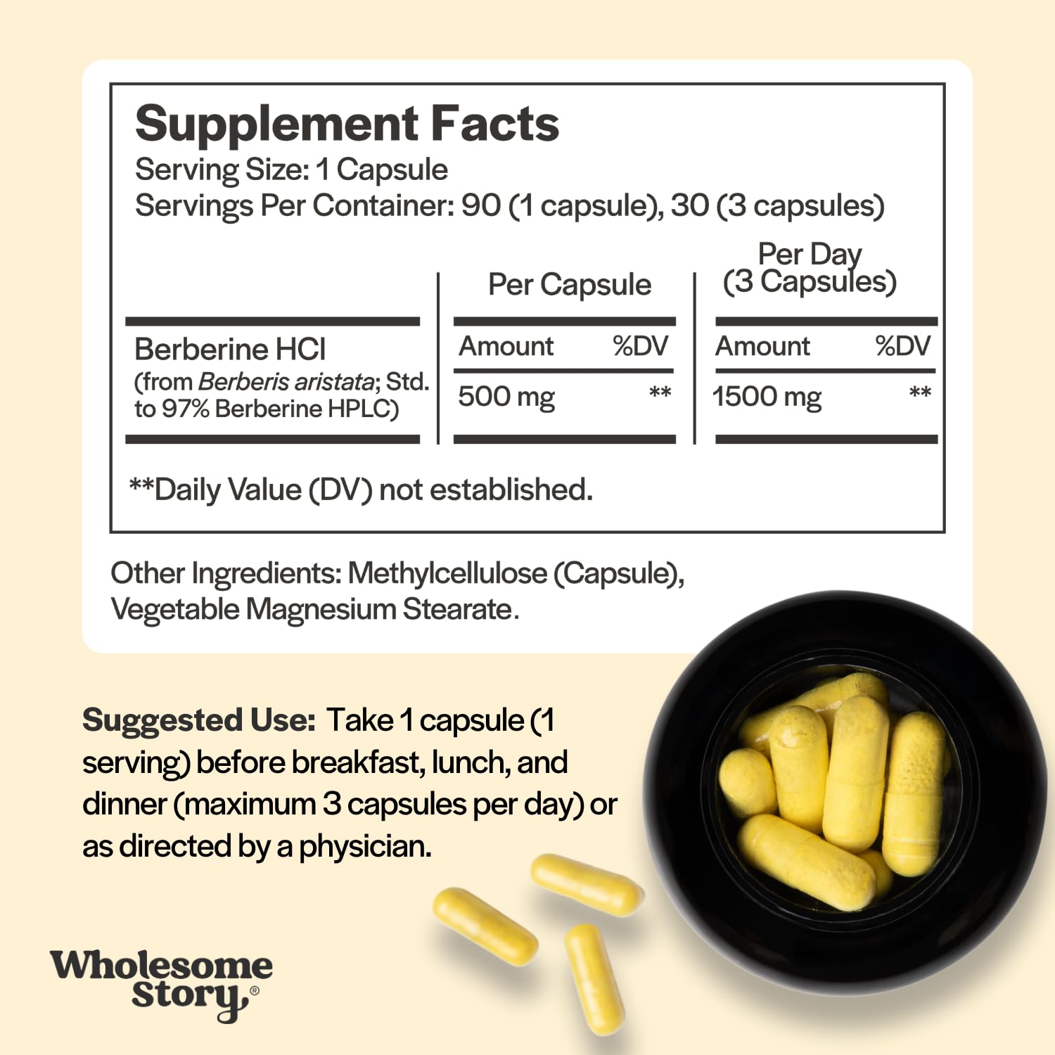 Wholesome Story Berberine label closeup showing 97% purity.