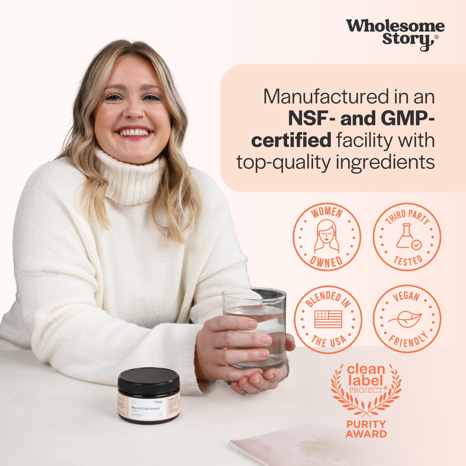 Wholesome Story Clean Label Project seal denotes dye-free, vegan formula.