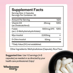 Wholesome Story label detail highlighting MTHF folate and vitamin D benefits.