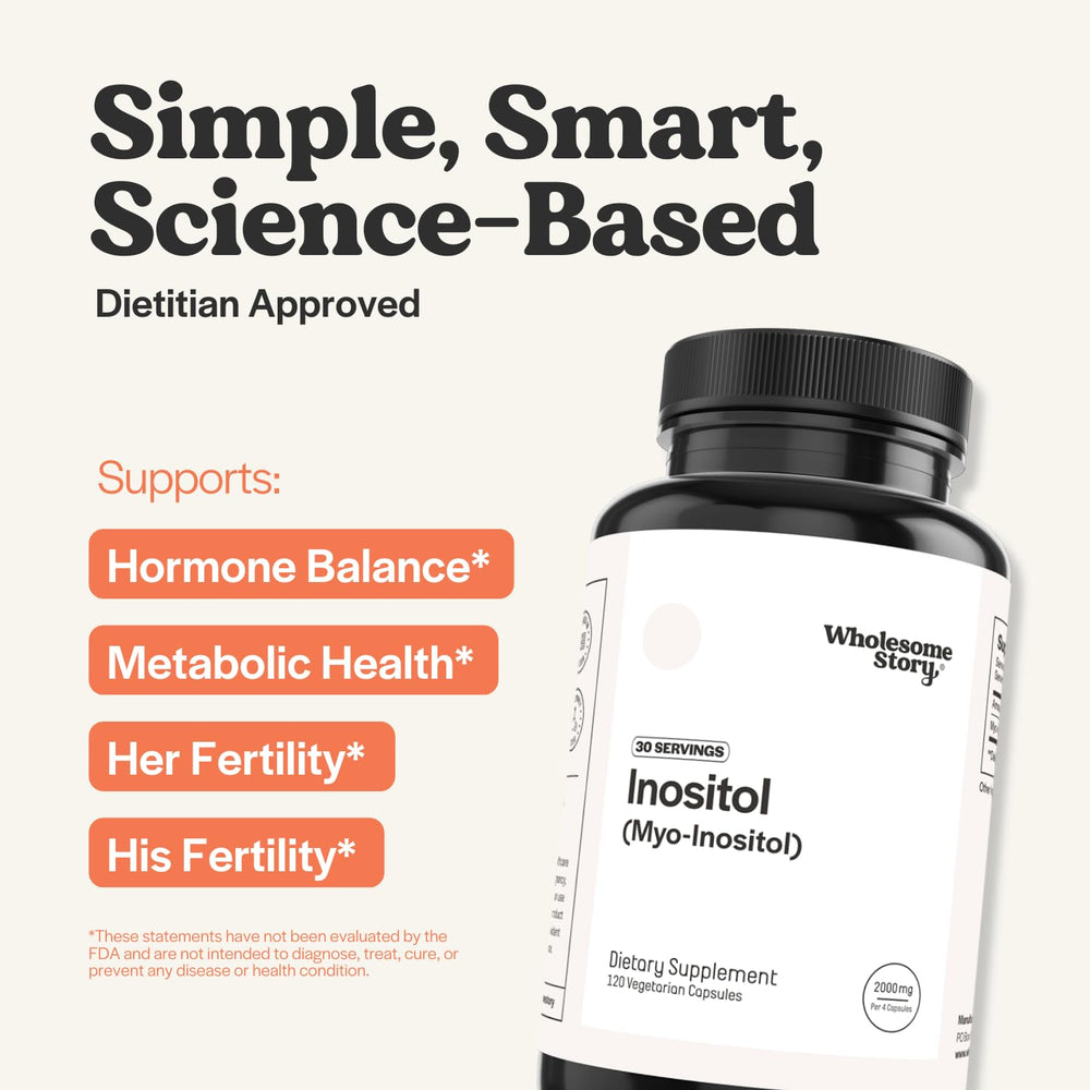 Wholesome Story Myo-Inositol capsules closeup highlighting easy-to-take daily capsules.
