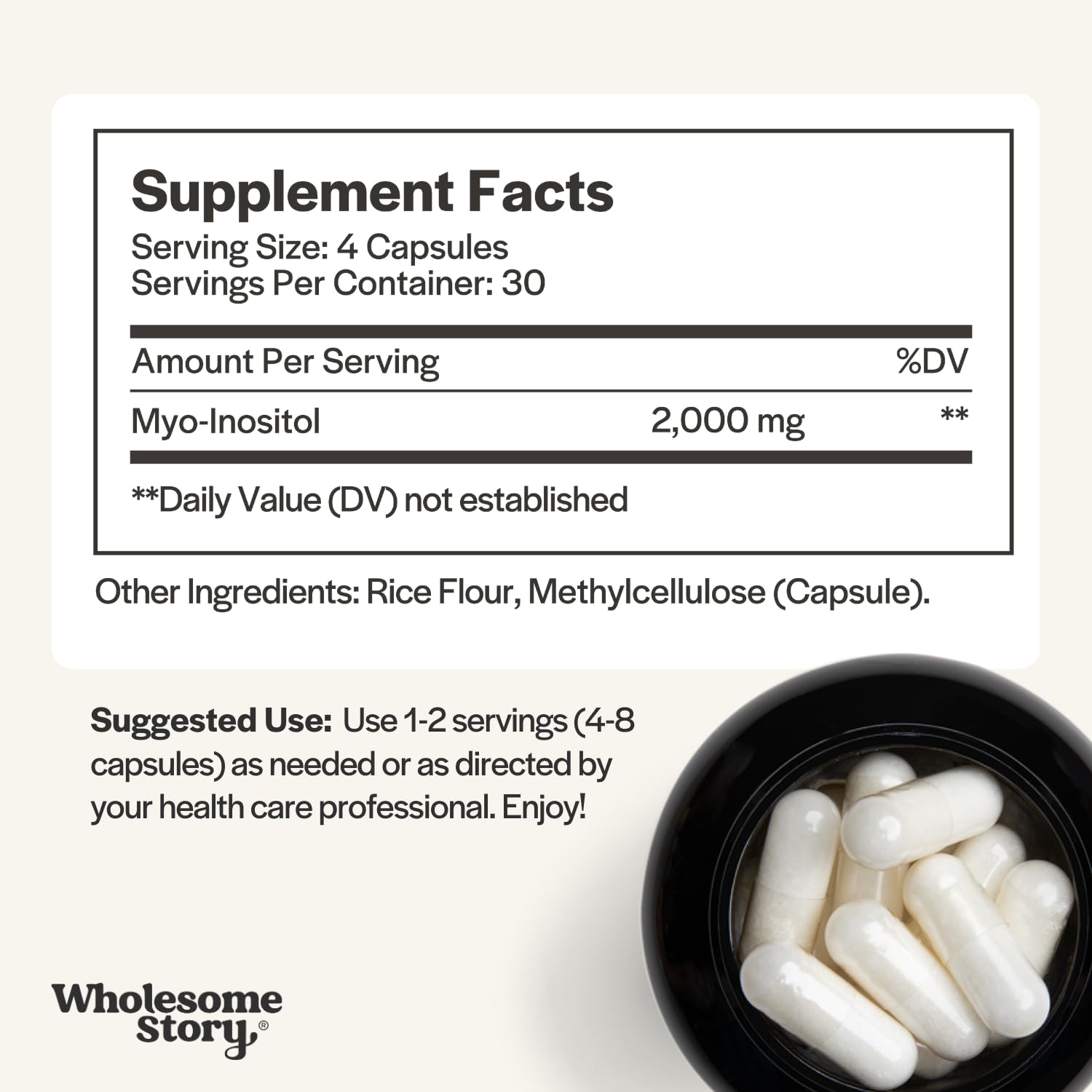 Wholesome Story Myo-Inositol capsules pouring to show convenient daily intake.