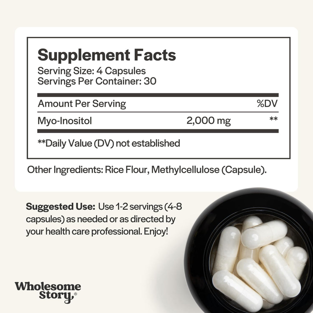 Wholesome Story Myo-Inositol capsules pouring to show convenient daily intake.