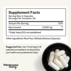 Wholesome Story Myo-Inositol capsules pouring to show convenient daily intake.