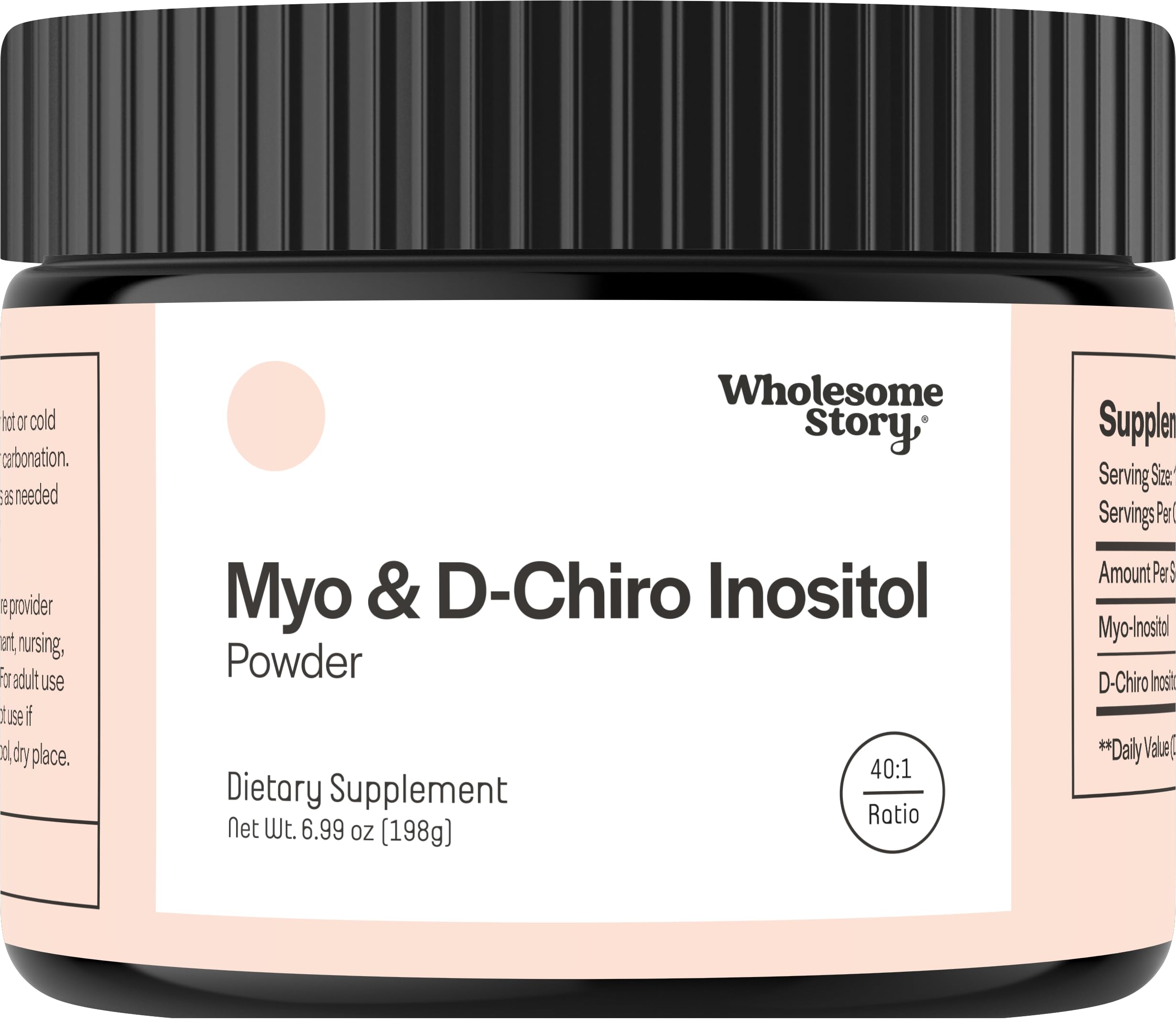 Wholesome Story Myo-Inositol & D-Chiro bottle shows 40:1 ratio for daily hormonal support.