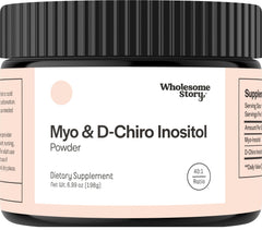 Wholesome Story Myo-Inositol & D-Chiro bottle shows 40:1 ratio for daily hormonal support.