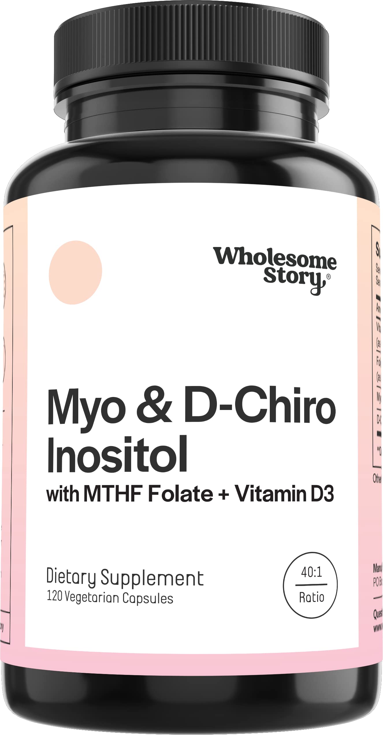 Wholesome Story Myo-Inositol and D-Chiro Inositol bottle front for hormonal balance.