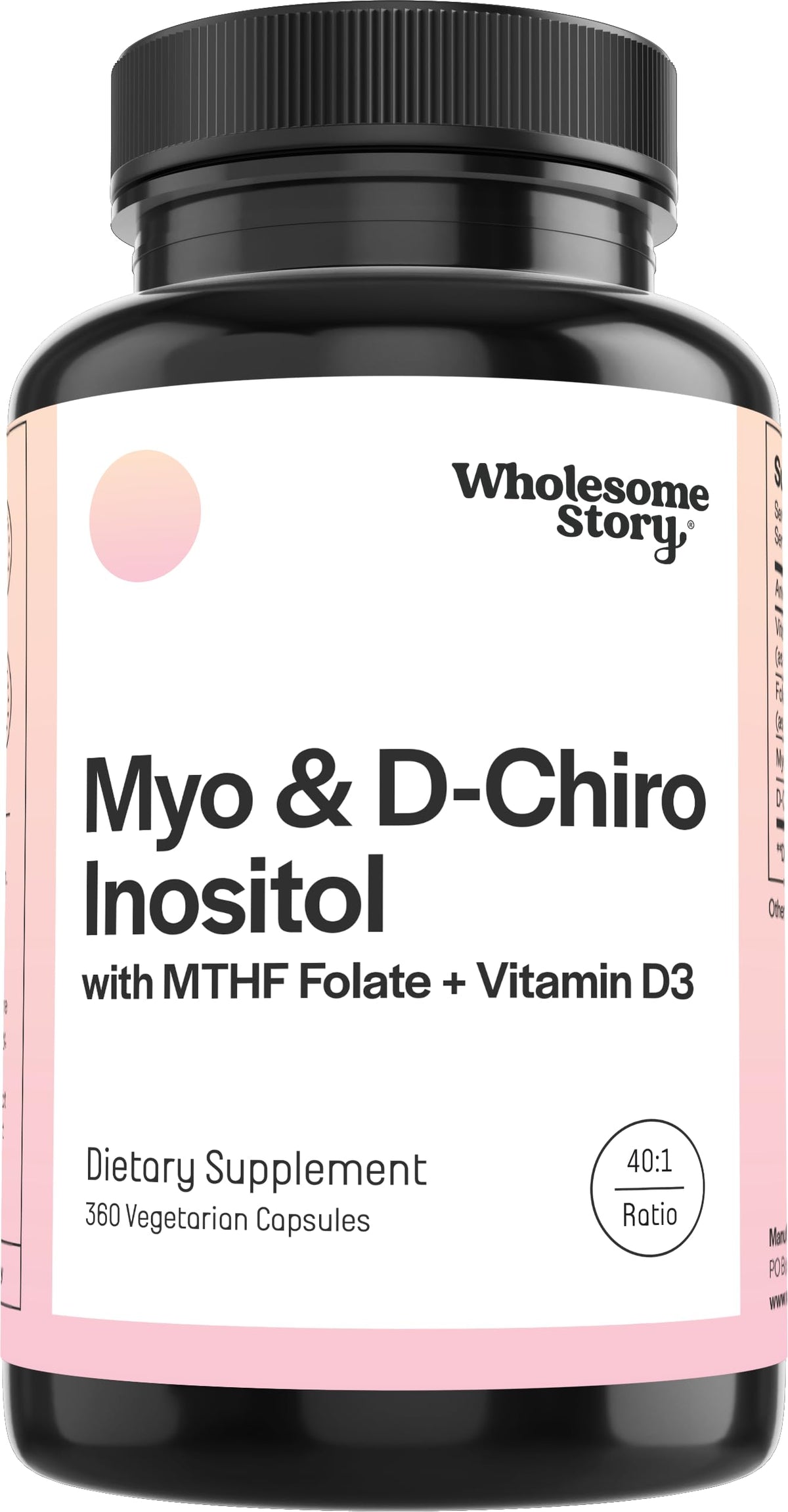 Wholesome Story Myo-Inositol and D-Chiro capsules bottle close-up for hormone balance.