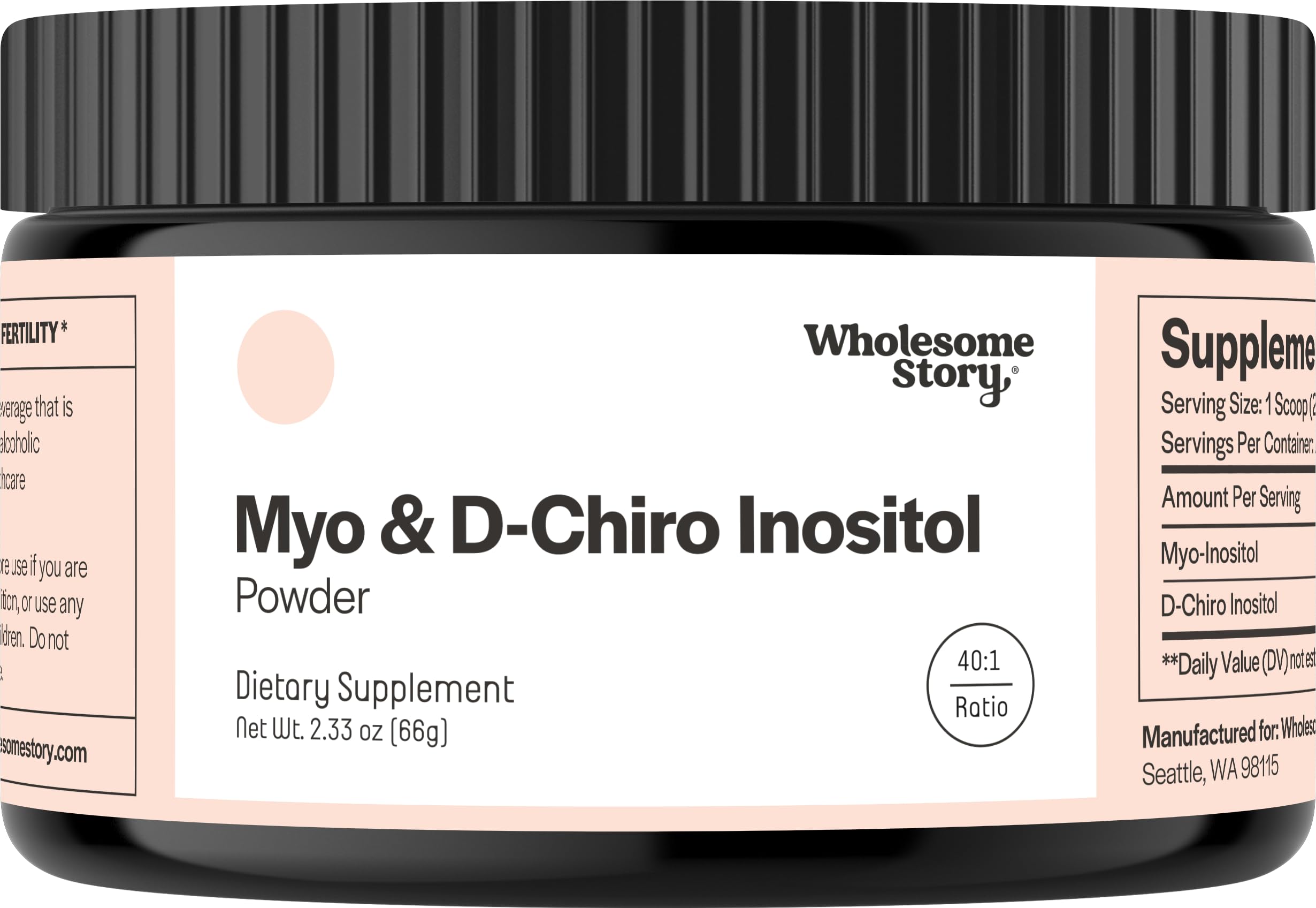Wholesome Story Myo-Inositol and D-Chiro-Inositol powder bottle supports a simple daily routine.
