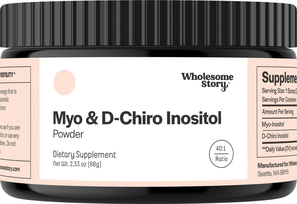 Wholesome Story Myo-Inositol and D-Chiro-Inositol powder bottle supports a simple daily routine.