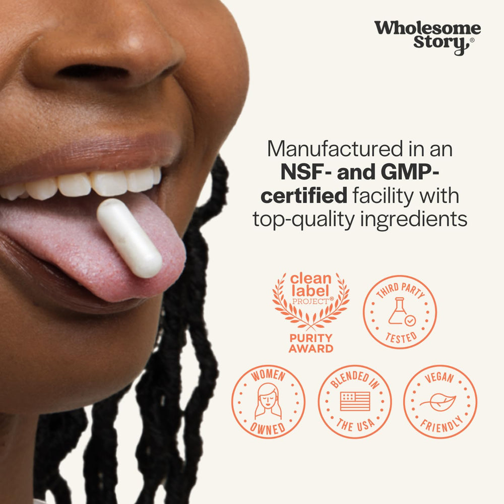 Wholesome Story Myo-Inositol label detail emphasizing vegan-friendly and purity features.