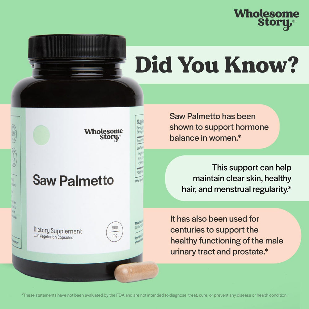 Wholesome Story Saw Palmetto capsules in hand for easy daily intake