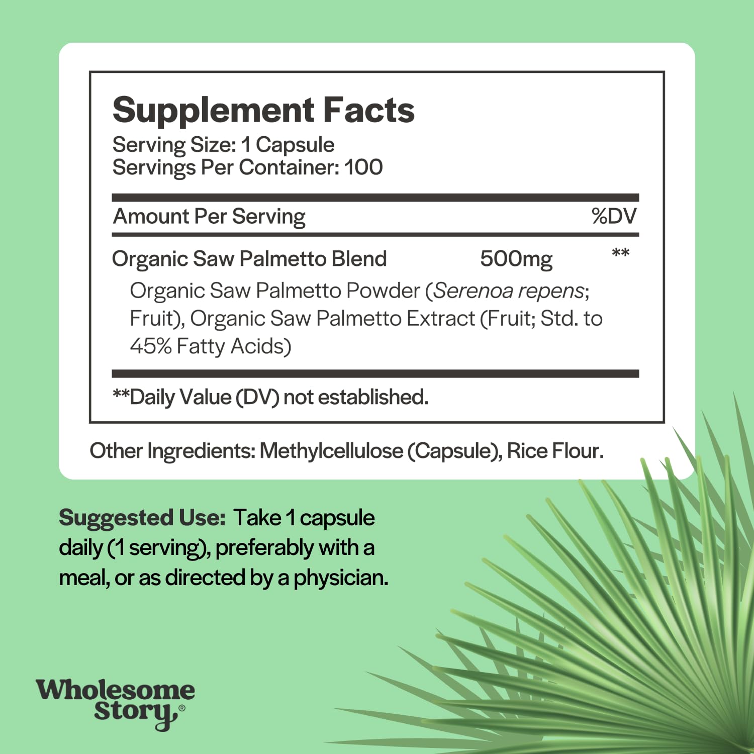 Wholesome Story Saw Palmetto label highlighting Clean Label Project certification