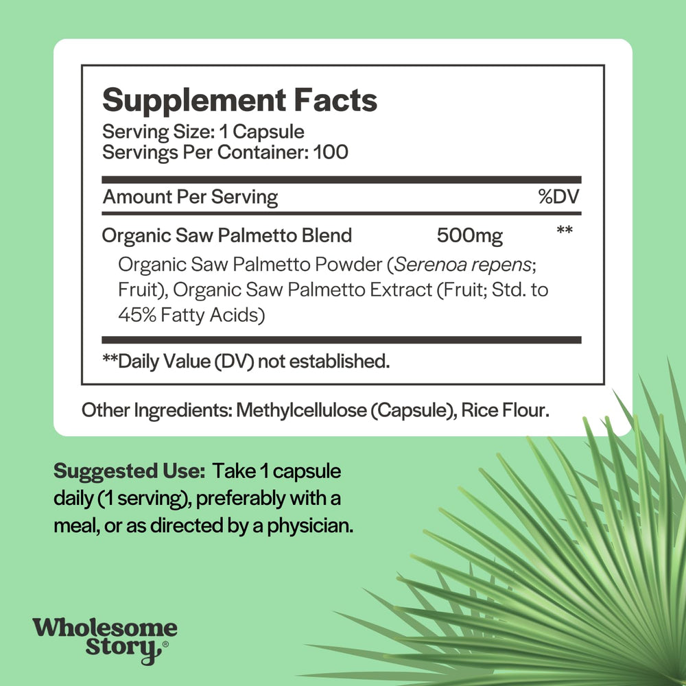 Wholesome Story Saw Palmetto label highlighting Clean Label Project certification