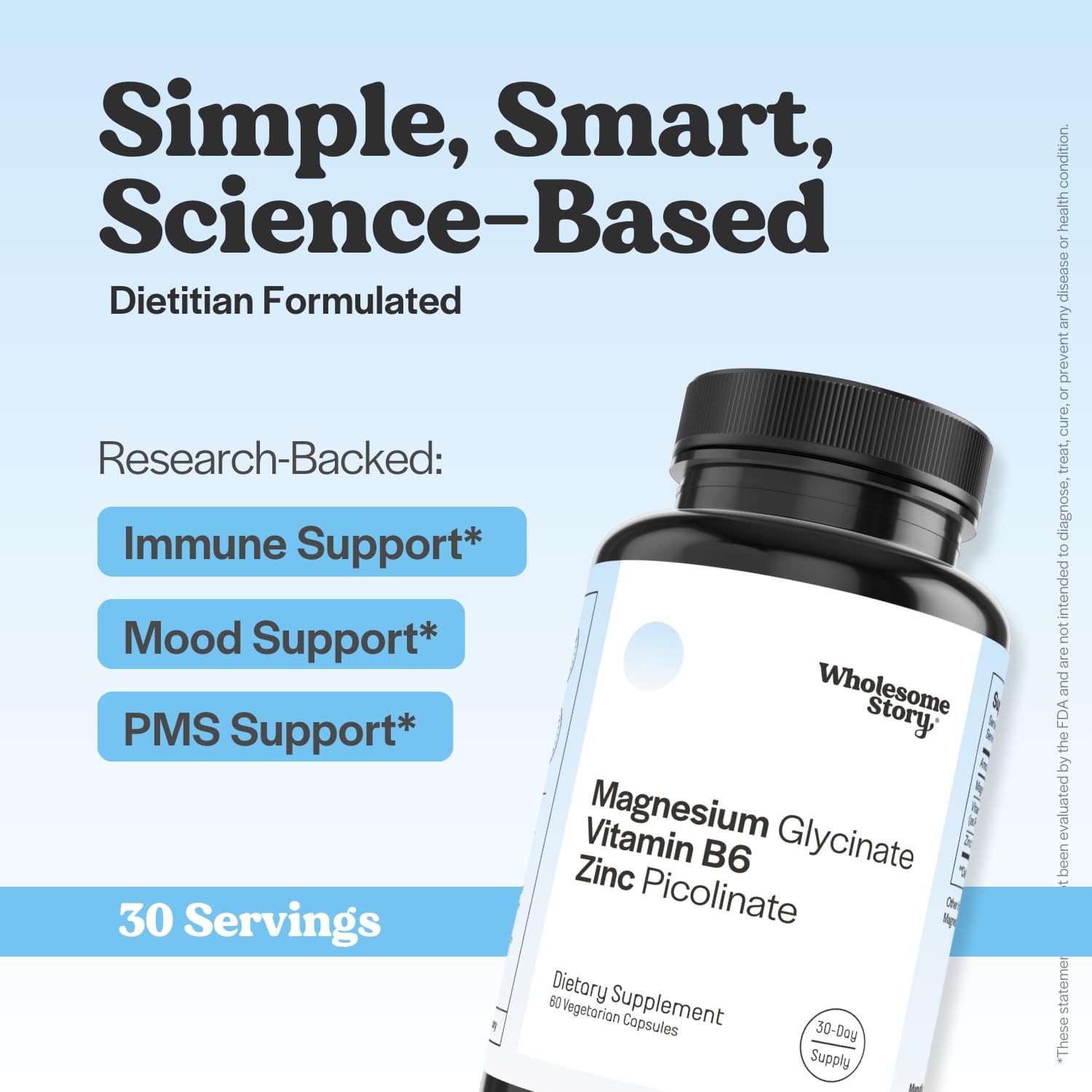 Wholesome Story zinc-picolinate-magnesium capsules closeup suggests mood and energy support.