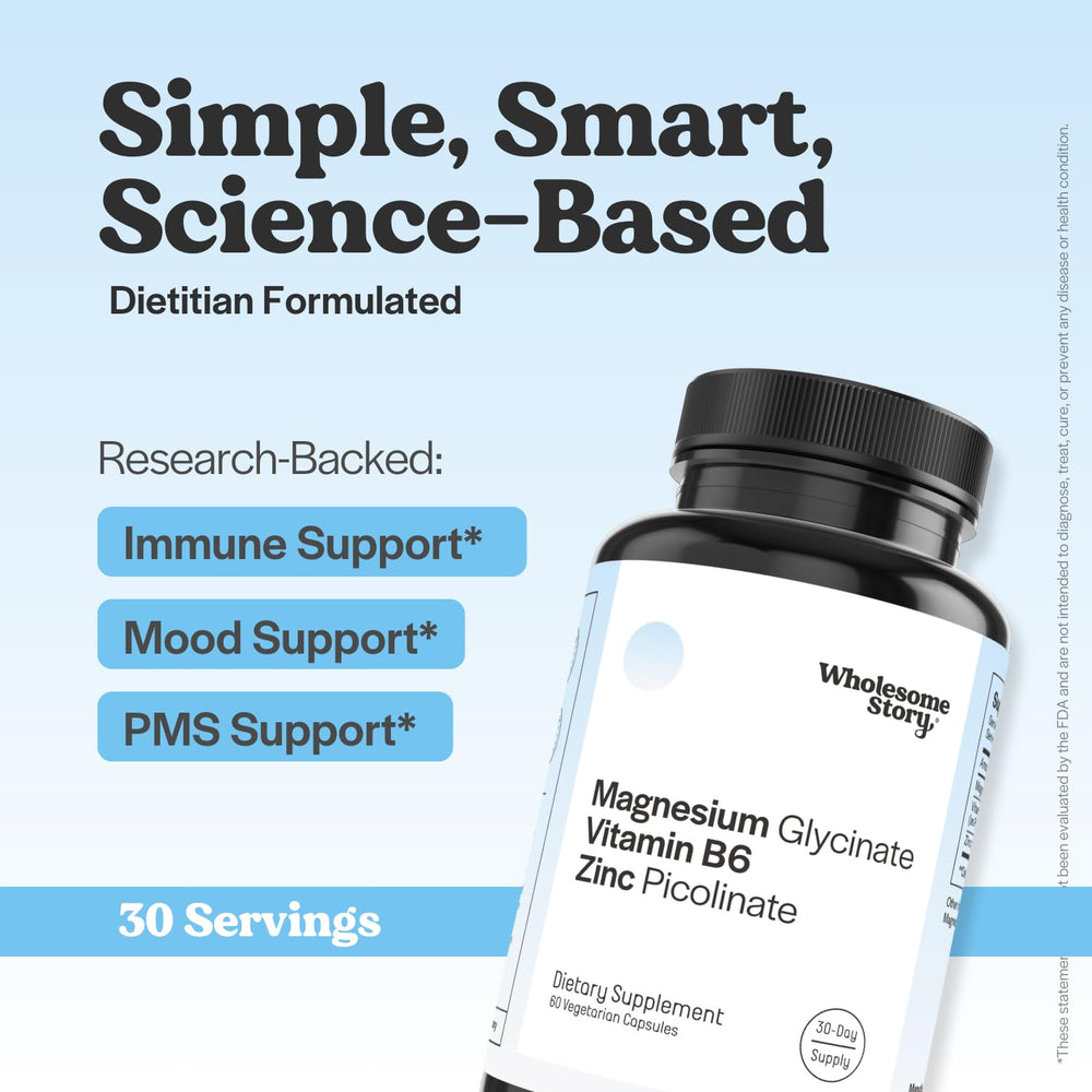 Wholesome Story zinc-picolinate-magnesium capsules closeup suggests mood and energy support.