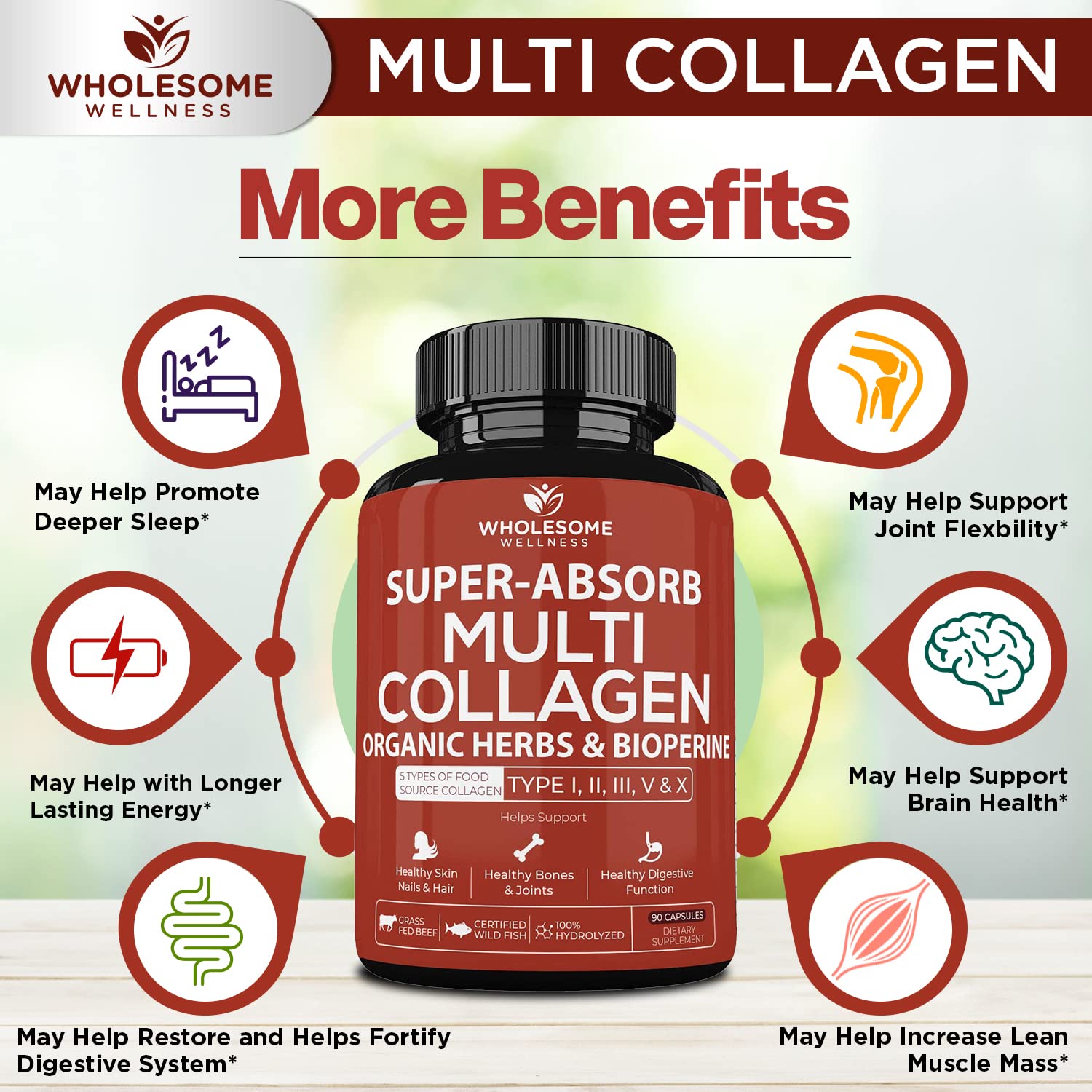 Wholesome Wellness bone broth blend featuring collagen types I and III for connective support