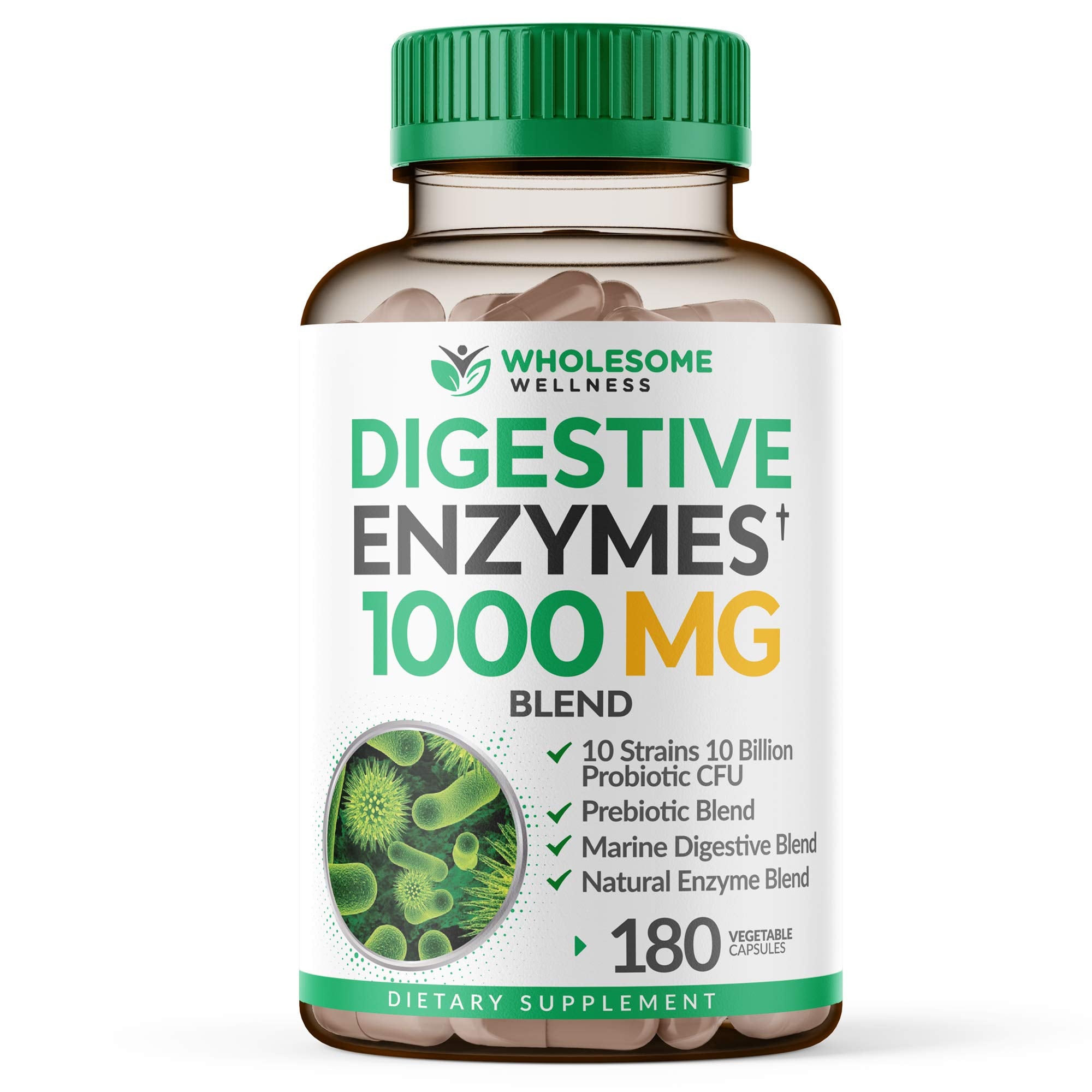 Wholesome Wellness Digestive Enzymes bottle promotes support for comfortable digestion after meals