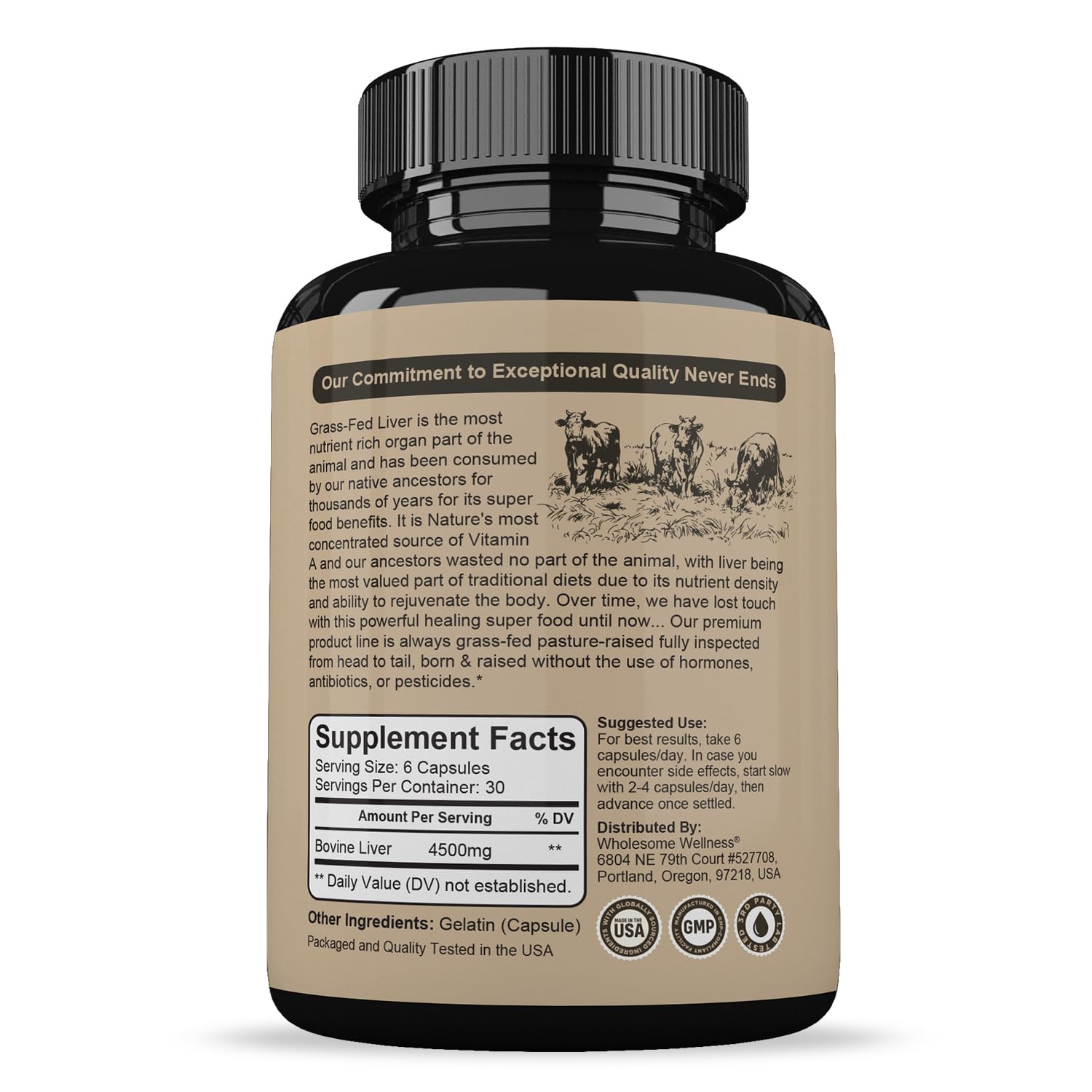 Wholesome Wellness liver capsules close-up showing easy-to-swallow design
