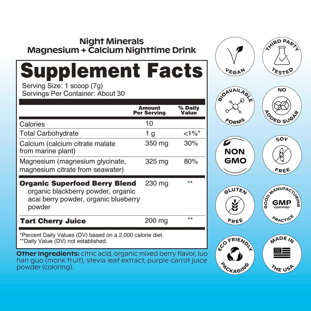Wholier Night Minerals with organic berries and tart cherry for flavor and antioxidants